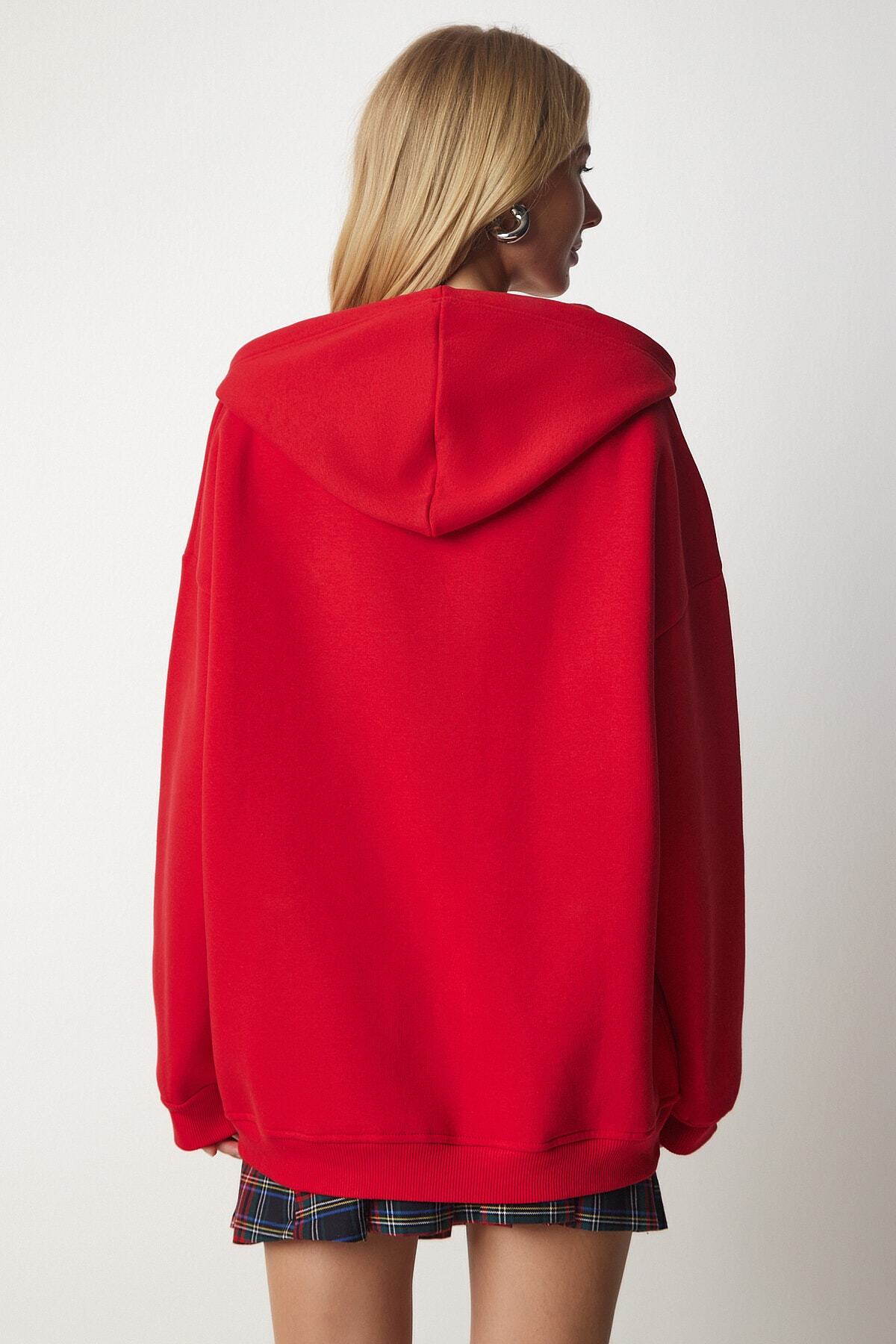 Kırmızı Kapüşonlu Fermuarlı Oversize Sweatshirt UB00124
