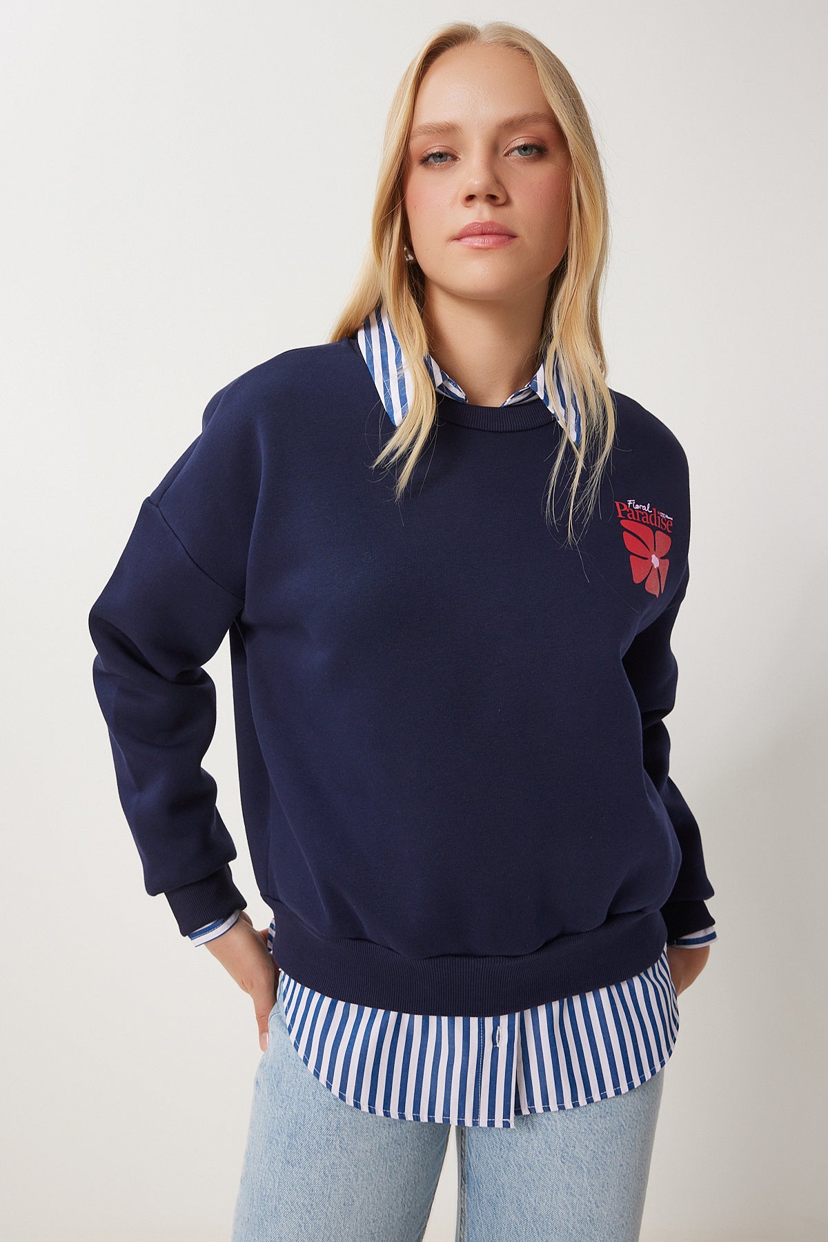 Lacivert Baskılı Şardonlu Örme Sweatshirt BF00099