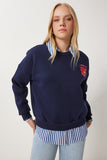 Lacivert Baskılı Şardonlu Örme Sweatshirt BF00099