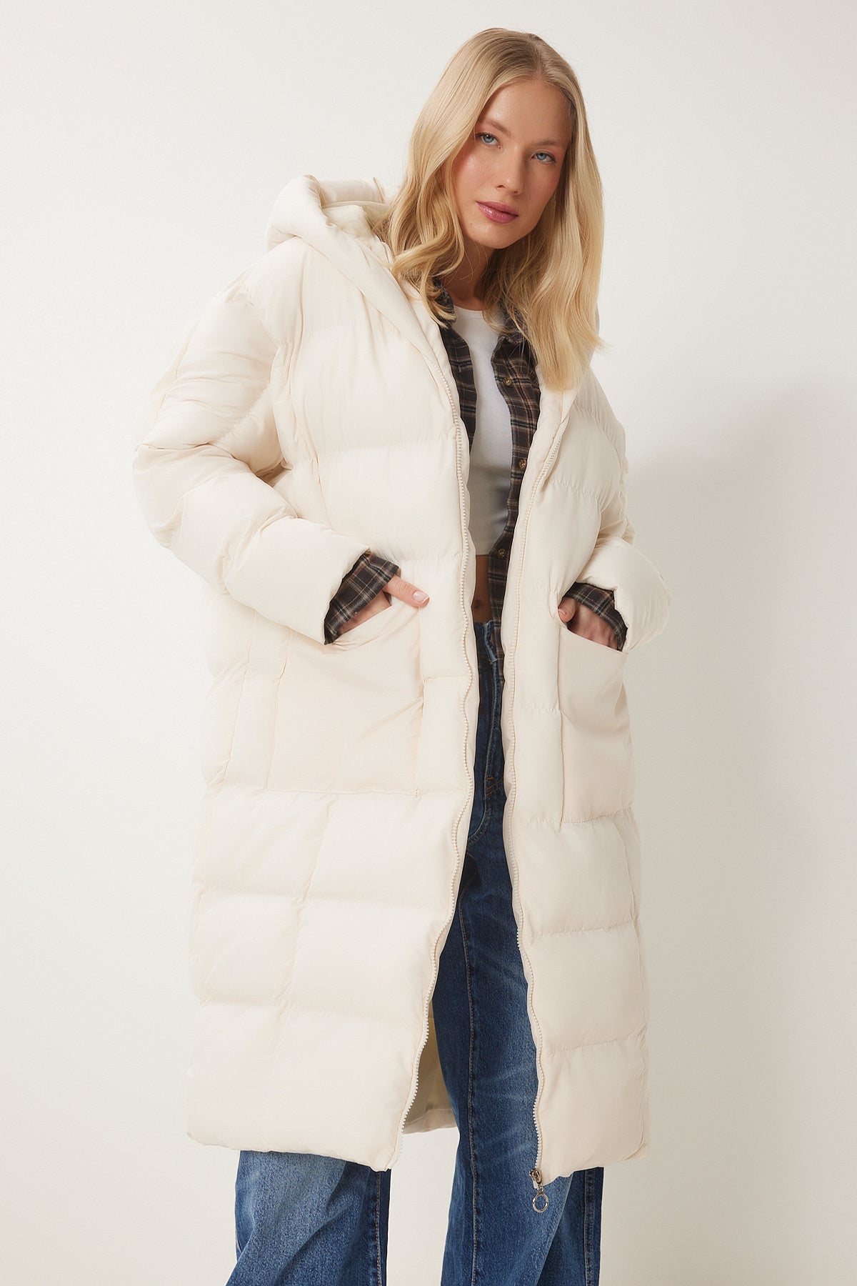 Kemik Kapüşonlu Oversize Uzun Şişme Kaban NT00428