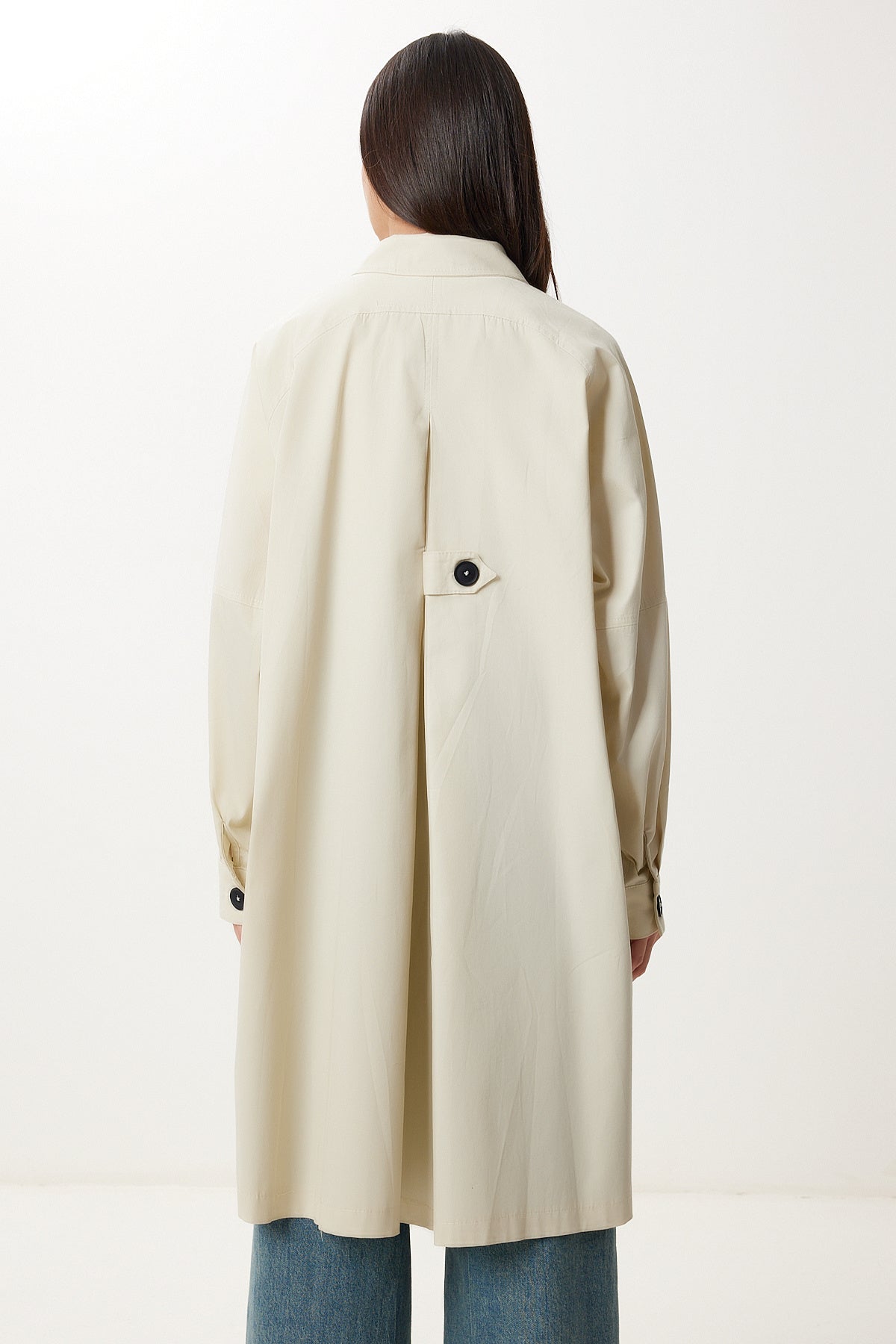 Krem Oversize Dokuma Trençkot FG00054