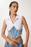 Beyaz Açık Mavi Denim Detaylı Gömlek Yaka Crop Bluz AN00252