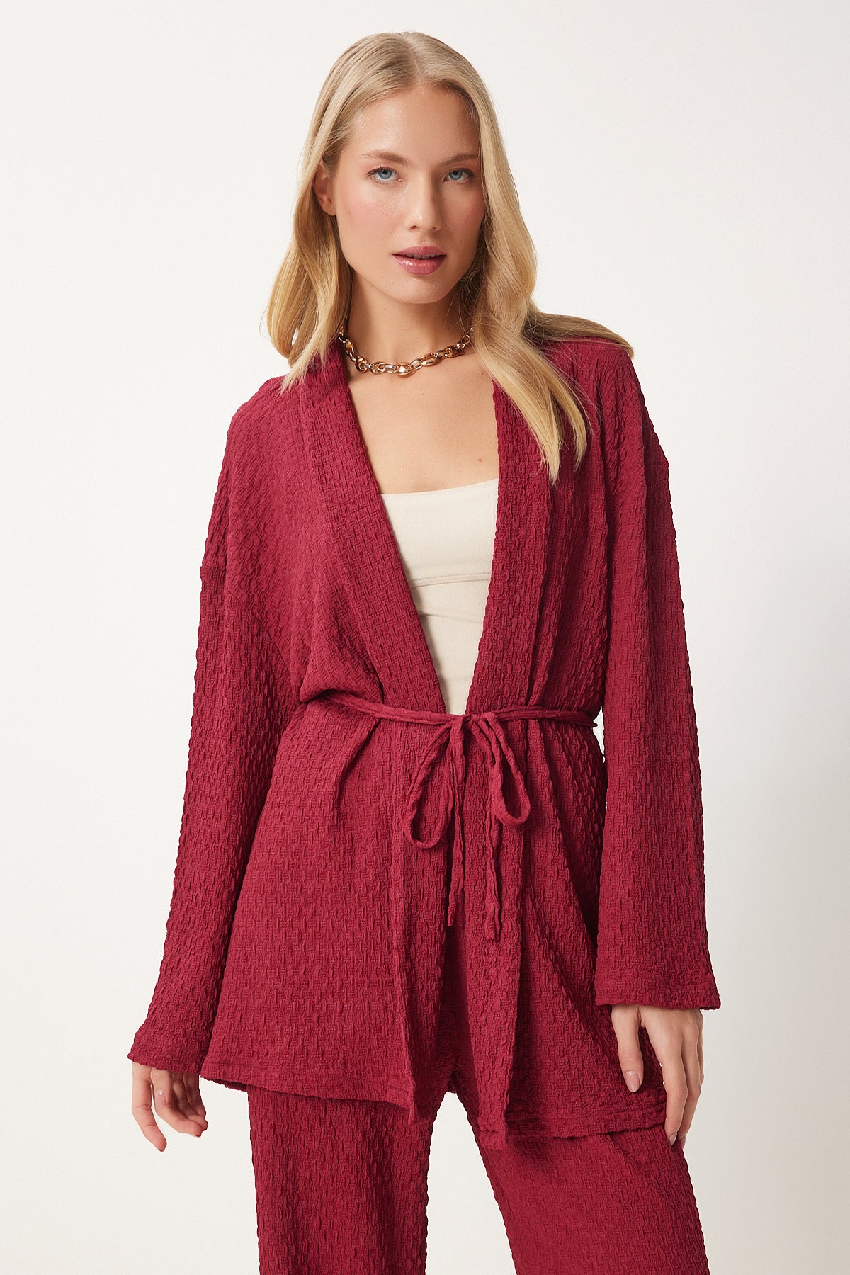 Bordo Dokulu Örme Kimono Pantolon Takım RG00046