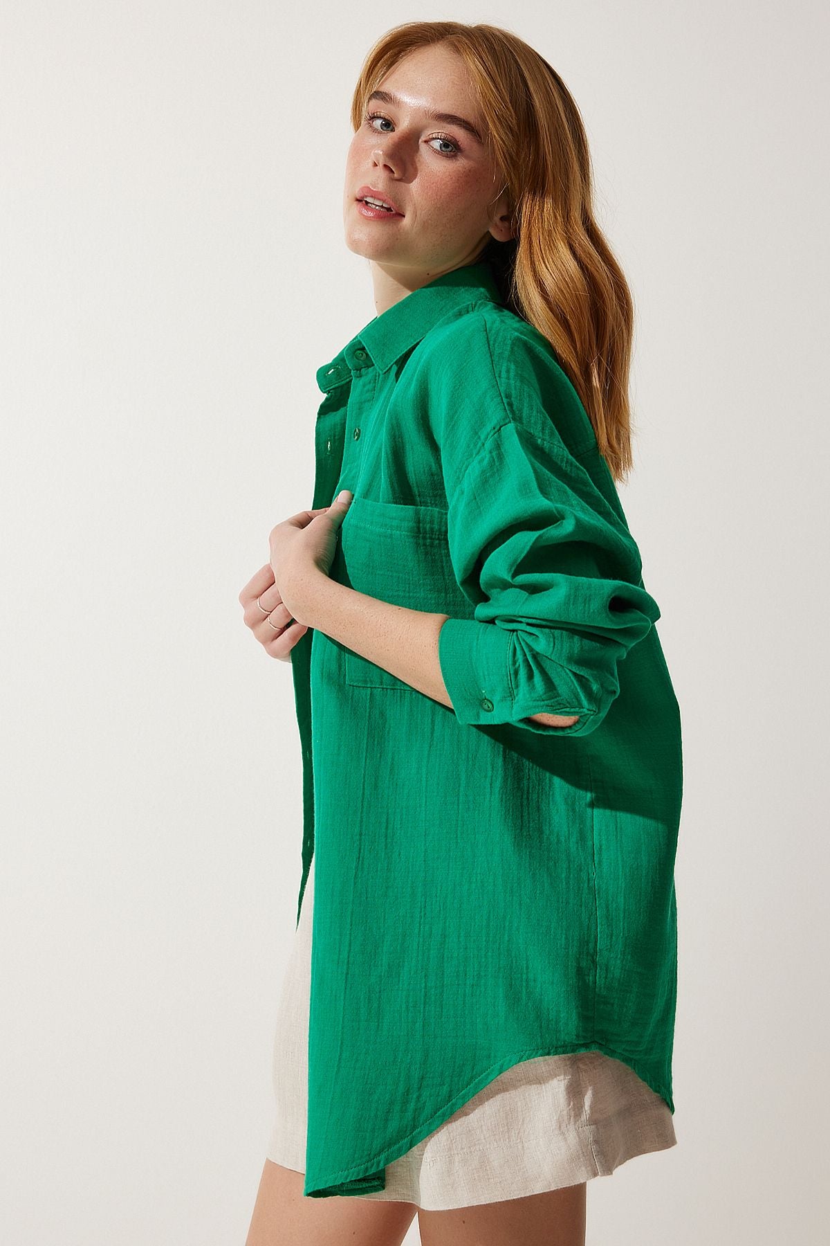Yeşil Cepli Oversize Müslin Gömlek MX00150