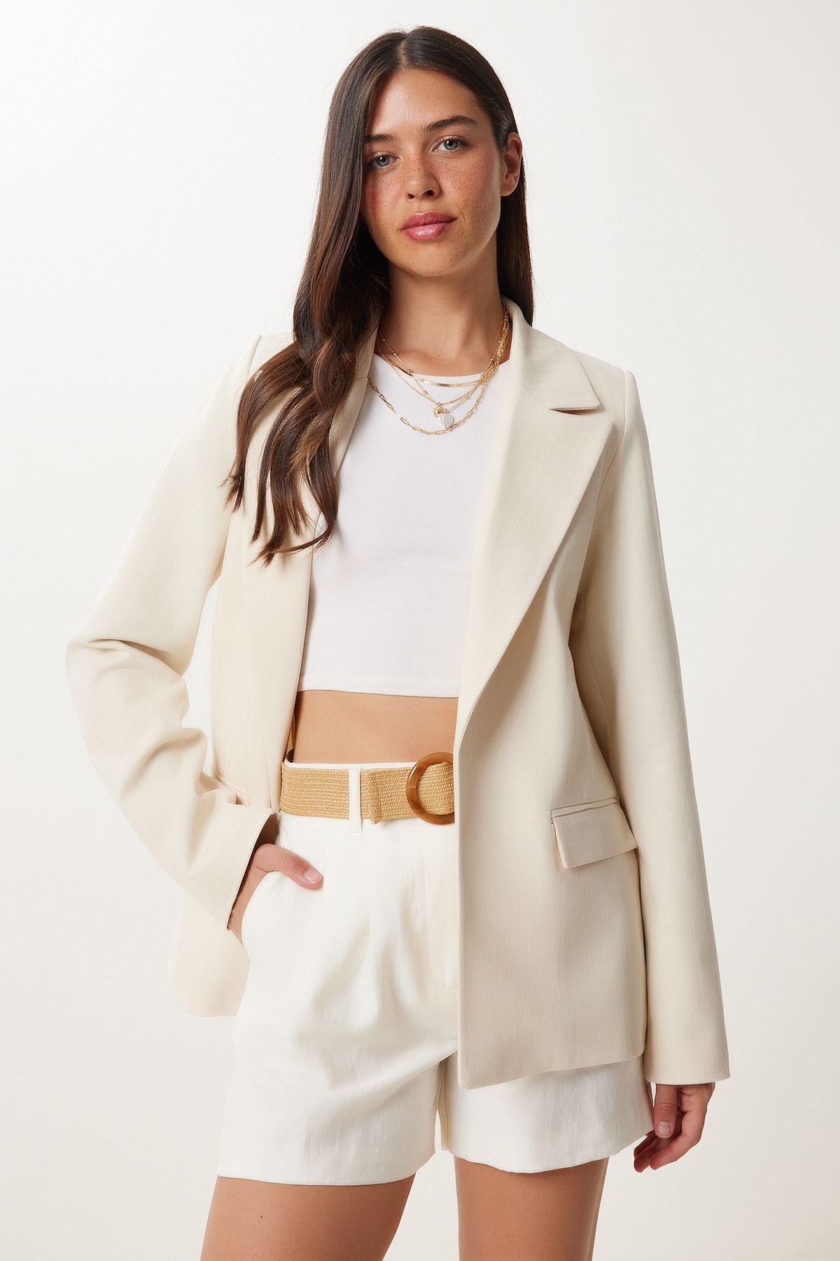 Krem Vatkalı Keten Blazer Ceket XL00004