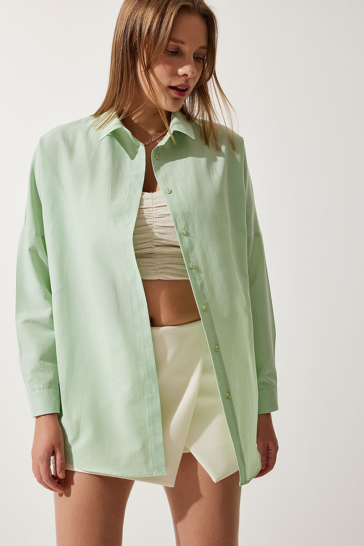 Uçuk Yeşil Oversize Uzun Basic Gömlek  DD00842