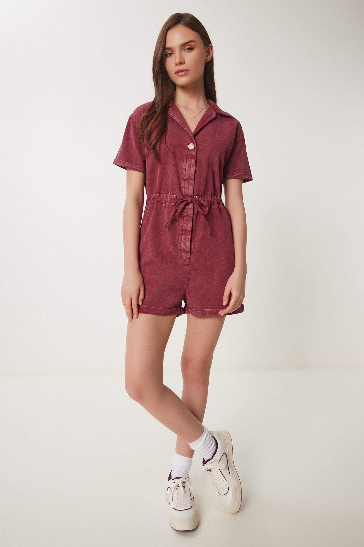 Bordo Polo Yaka Yıkamalı Yazlık Gabardin Tulum RG00053