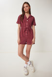 Bordo Polo Yaka Yıkamalı Yazlık Gabardin Tulum RG00053