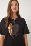 Siyah Taş Detaylı Baskılı Örme T-Shirt BW00004