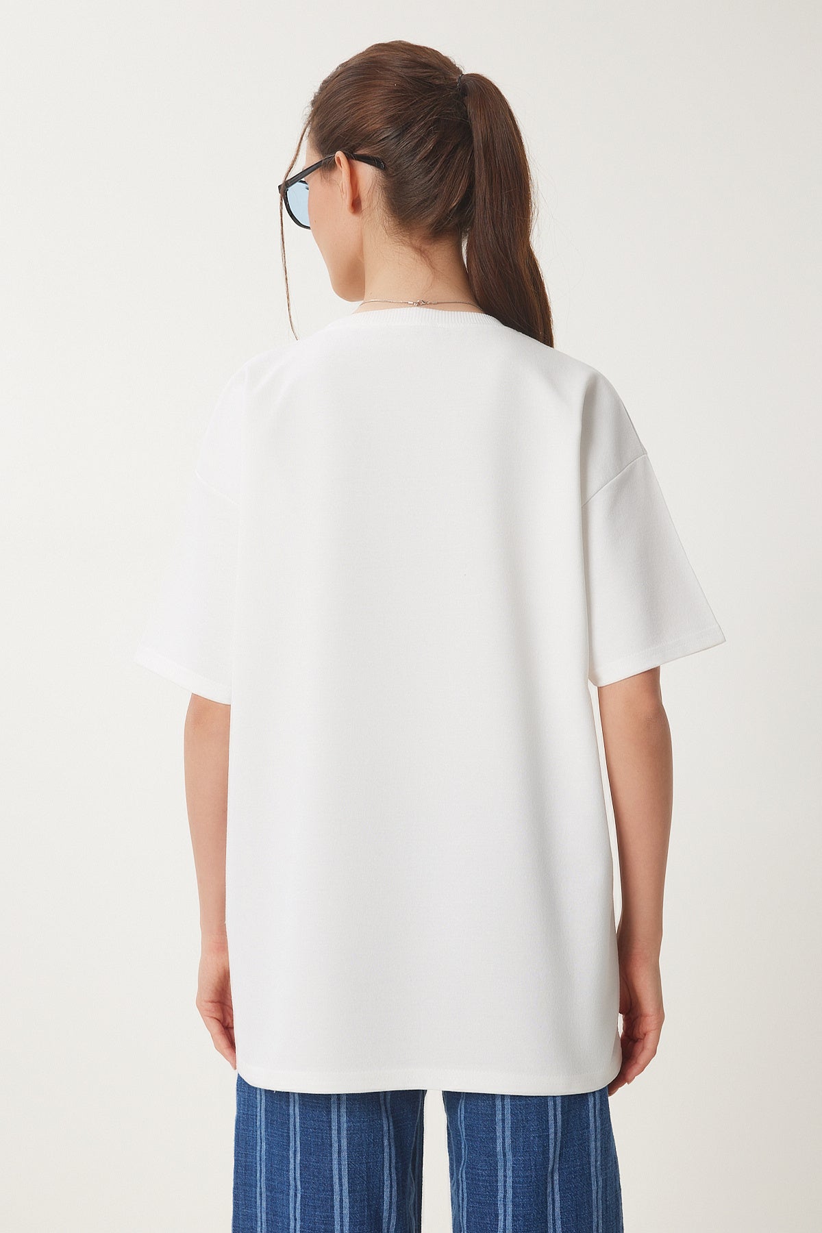 Ekru Oversize Baskılı Örme T-Shirt ZV00280