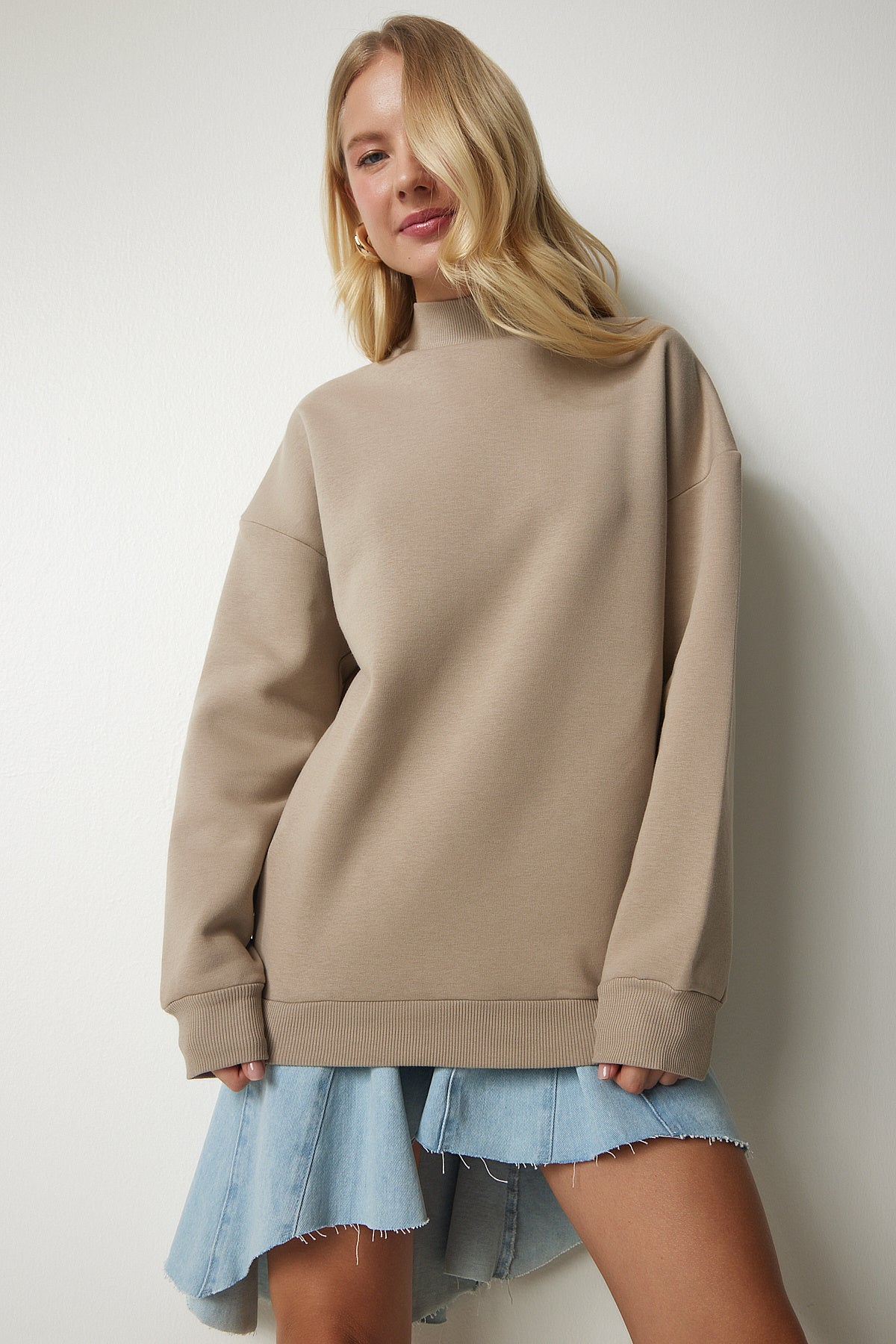Vizon Dik Yaka Basic Şardonlu Sweatshirt UB00166