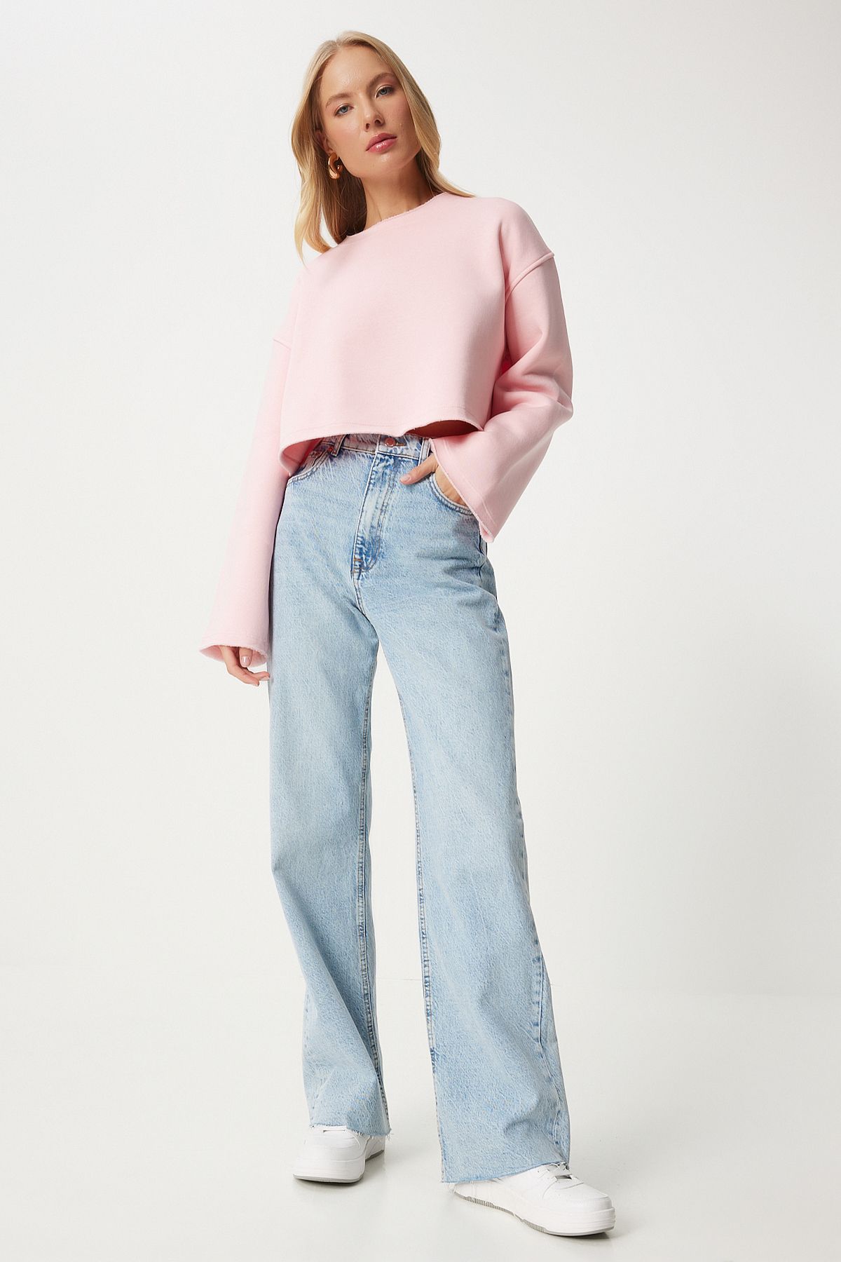 Pembe Şardonlu Oversize Örme Sweatshirt NJ00154