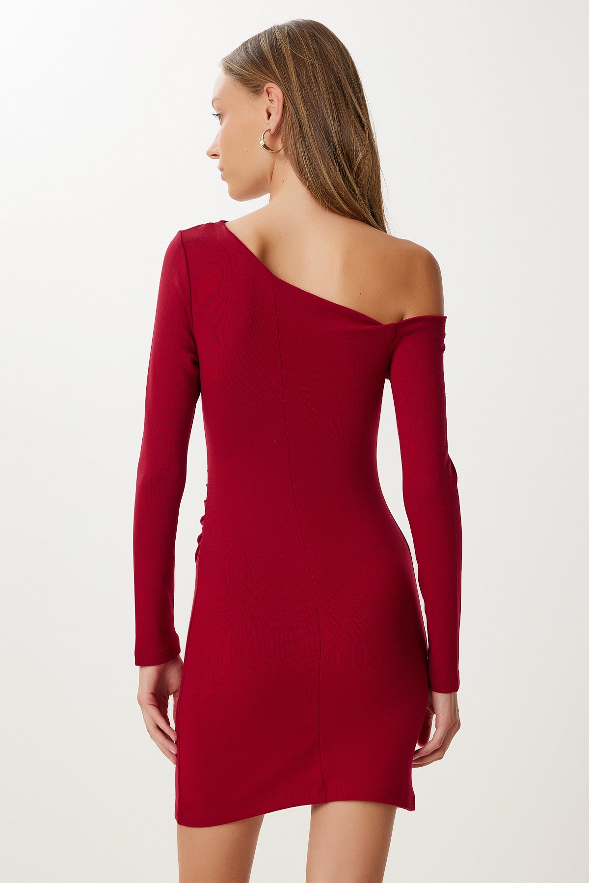 Bordo Kayık Yaka Büzgülü Mini Örme Elbise UB00442
