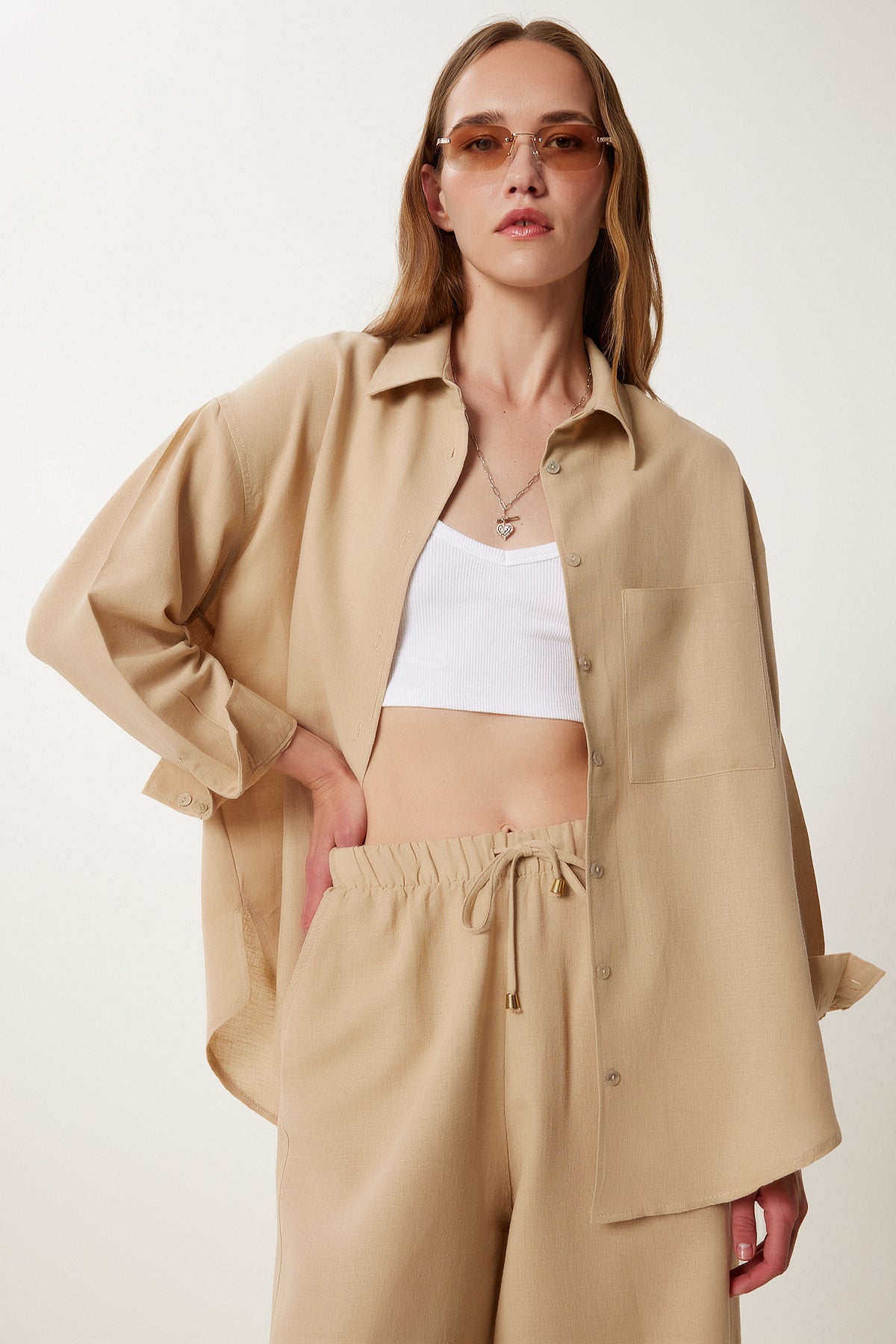 Bej Oversize Keten Gömlek Pantolon Takım WF00118