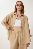 Bej Oversize Keten Gömlek Pantolon Takım WF00118