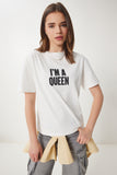 Ekru Sloganlı Örme T-Shirt CR00458