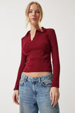 Bordo Polo Yaka Fitilli Örme Bluz GT00111