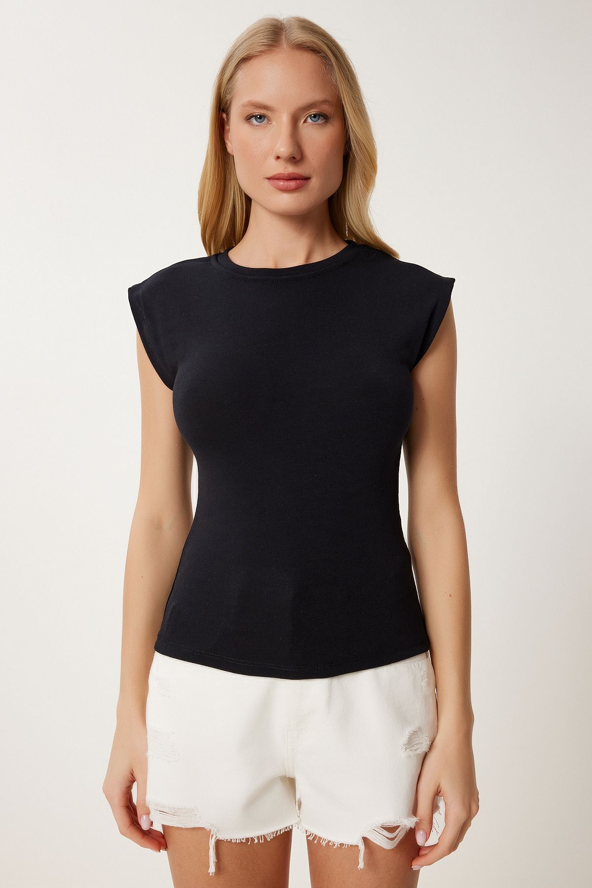 Siyah Kolsuz Esnek Örme T-Shirt ZV00307