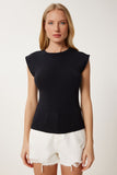 Siyah Kolsuz Esnek Örme T-Shirt ZV00307