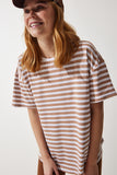 Bisküvi Bisiklet Yaka Çizgili Oversize Örme T-Shirt EN00609