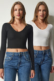 Siyah Beyaz V Yaka 2'Li Paket Crop Örme Bluz UB00202