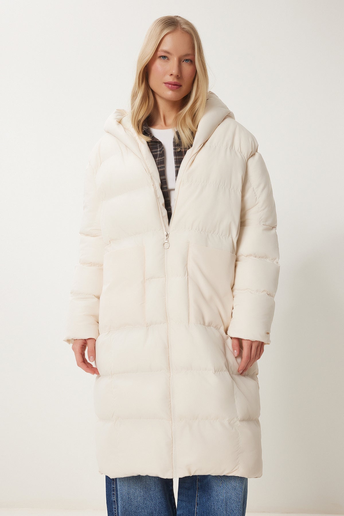 Kemik Kapüşonlu Oversize Uzun Şişme Kaban NT00428