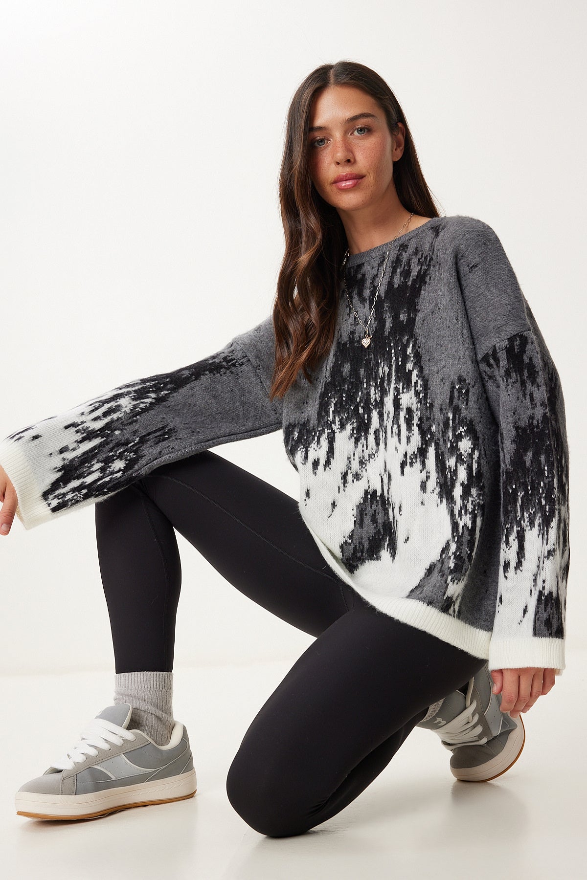 Antrasit Gri Desenli Oversize Triko Kazak Kİ00124
