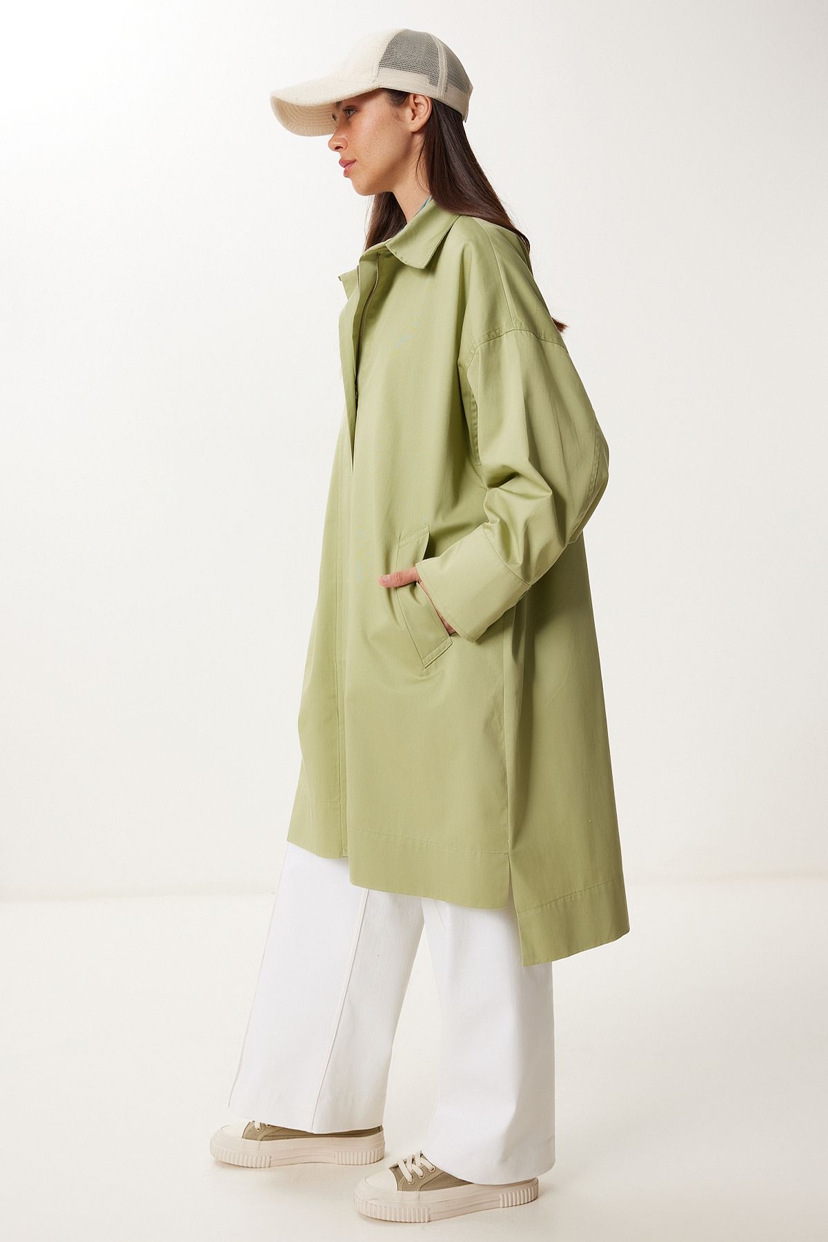 Çağla Yeşili Fermuarlı Oversize Dokuma Trençkot FG00052