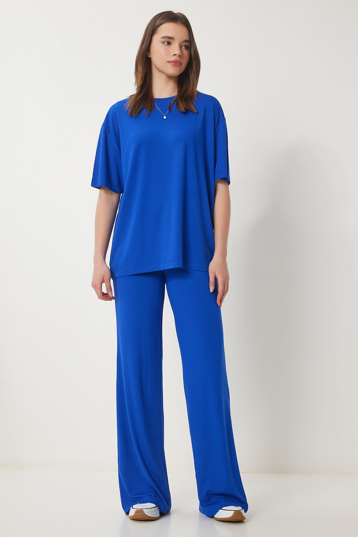 Koyu Mavi Oversize Örme T-Shirt Pantolon Takım FN03452