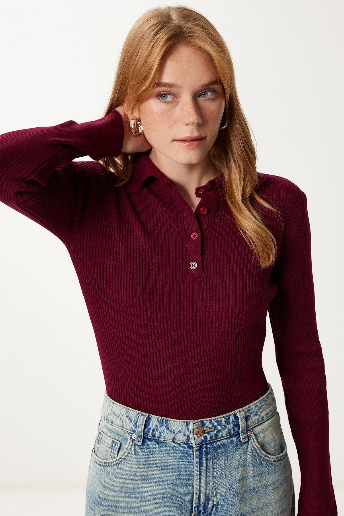 Bordo Polo Yaka Fitilli Örme Triko Kazak PF00119