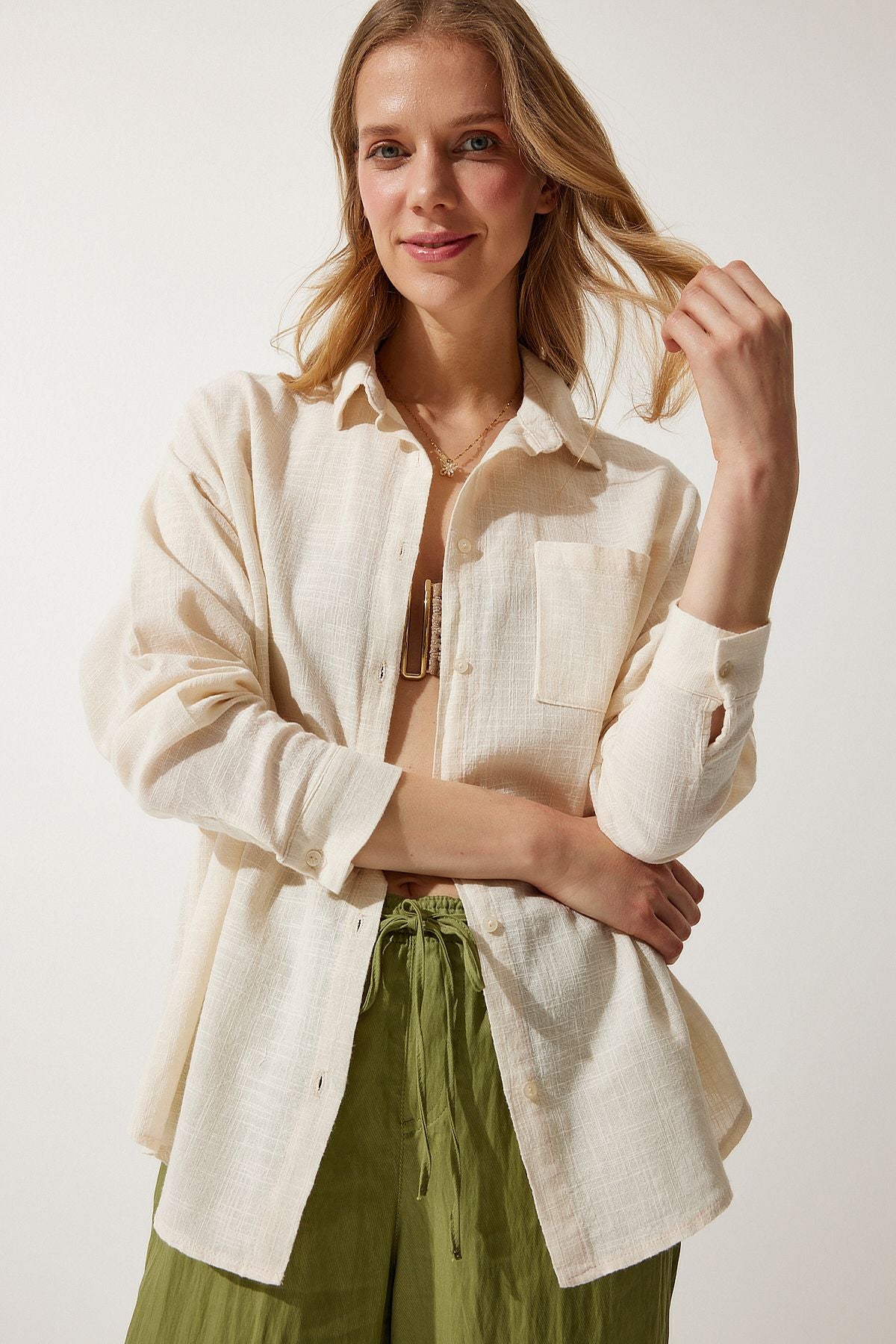 Krem Cepli Oversize Keten Gömlek MX00152