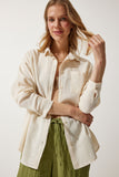 Krem Cepli Oversize Keten Gömlek MX00152