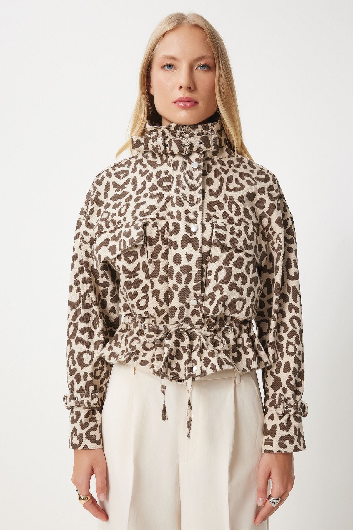 Bej Kahverengi Leopar Desenli Gabardin Ceket SA00031