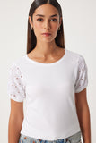 Ekru Güpür Kollu Pamuklu Basic Örme T-Shirt VF00001