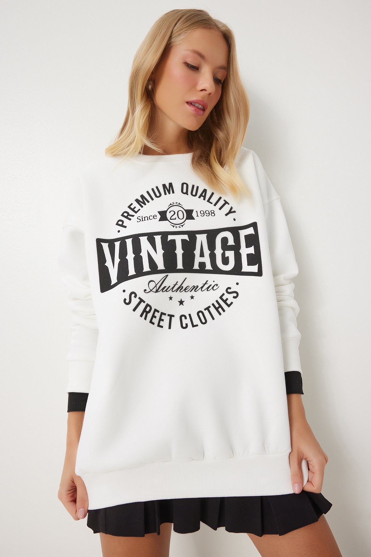 Ekru Baskılı Oversize Şardonlu Örme Sweatshirt KB00038
