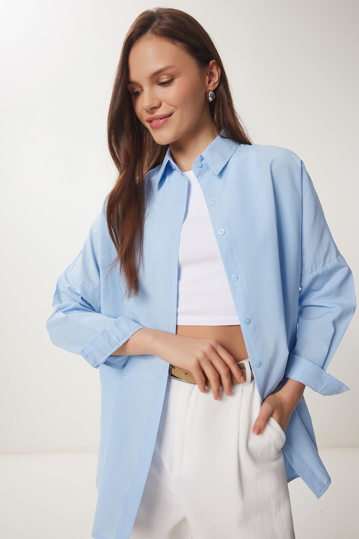 Gök Mavi Oversize Uzun Basic Gömlek DD00842