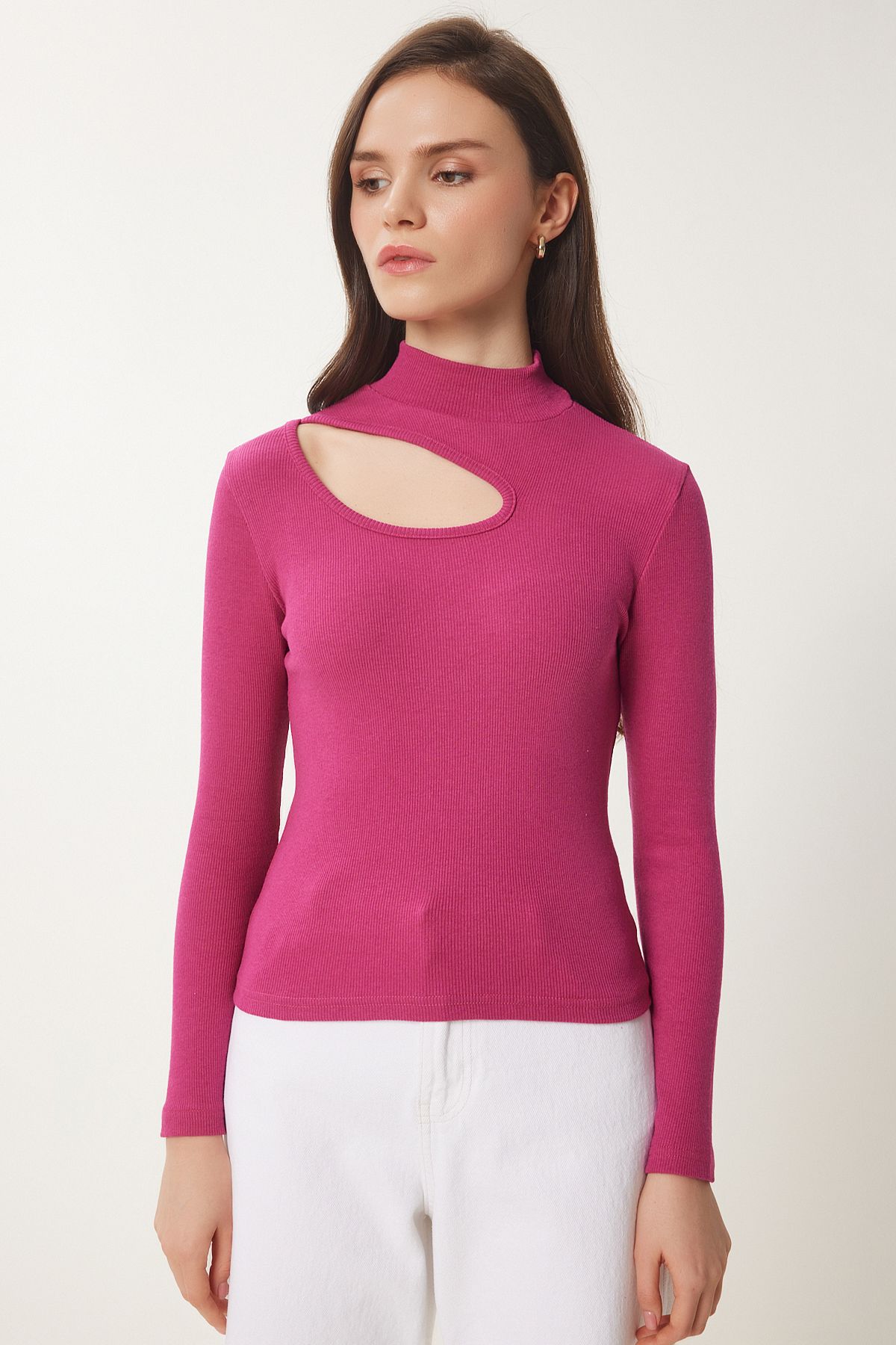Açık Mürdüm Cut Out Detaylı Fitilli Örme Bluz GT00065