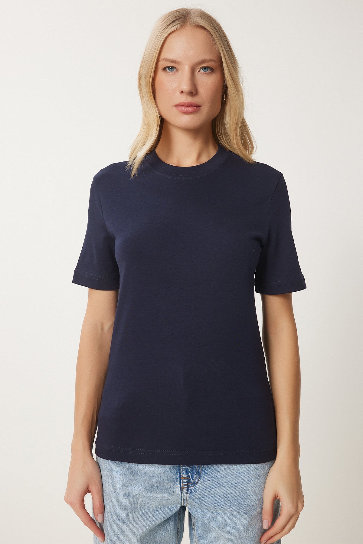 Lacivert Pamuklu Basic Örme T-Shirt AG00001