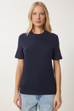 Lacivert Pamuklu Basic Örme T-Shirt AG00001