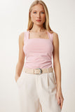 Pembe Kare Yaka Büzgülü Esnek Örme Bluz FW00014