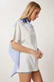 Beyaz Mavi Arkası Çizgili Poplin Detaylı Örme T-Shirt DP00257