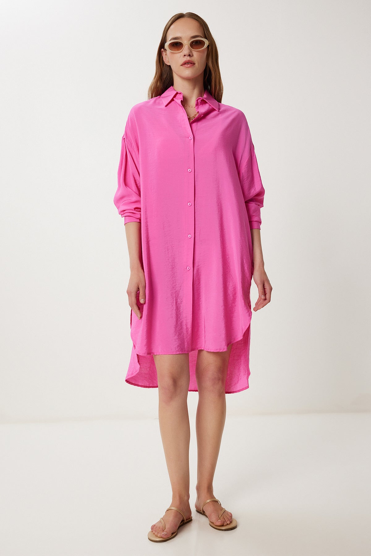 Koyu Pembe Oversize Midi Ayrobin Gömlek Elbise WF00106