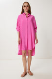 Koyu Pembe Oversize Midi Ayrobin Gömlek Elbise WF00106