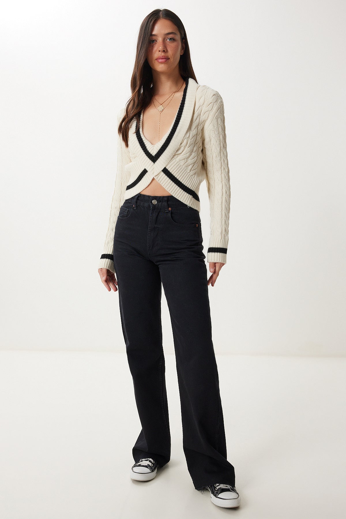 Krem Kontrast Renkli Crop Triko Kazak RW00007