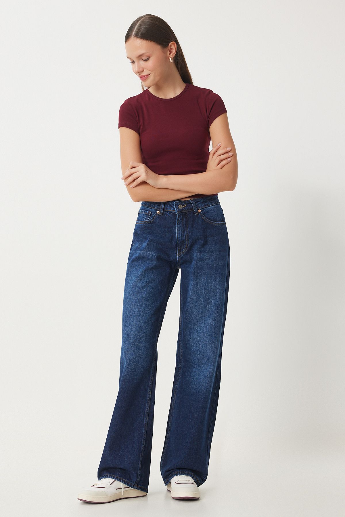 Koyu Mavi Orta Bel Geniş Paça Bol Jeans UT00023