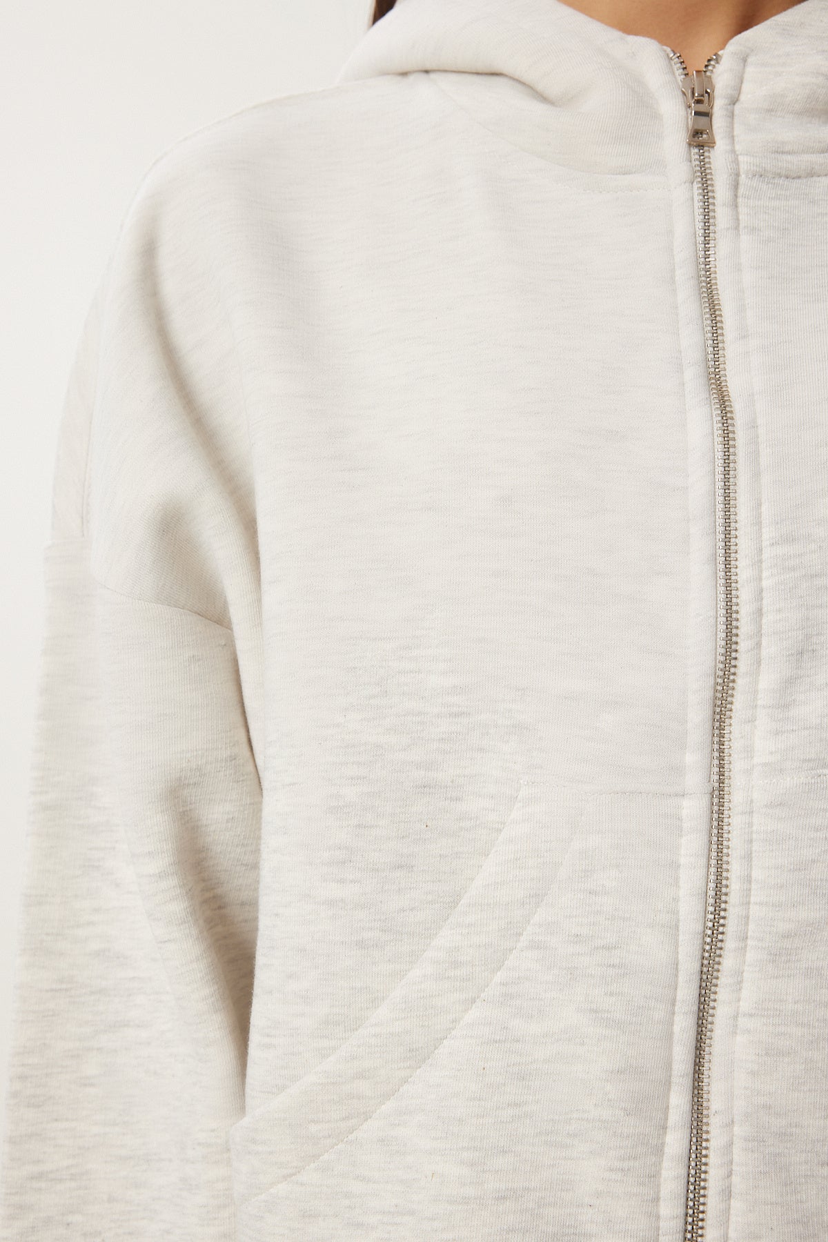 Gri Melanj Kapüşonlu Fermuarlı Şardonlu Sweatshirt CV00045
