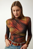 Kahverengi Drapeli Dik Yaka Sandy Bluz FF00138