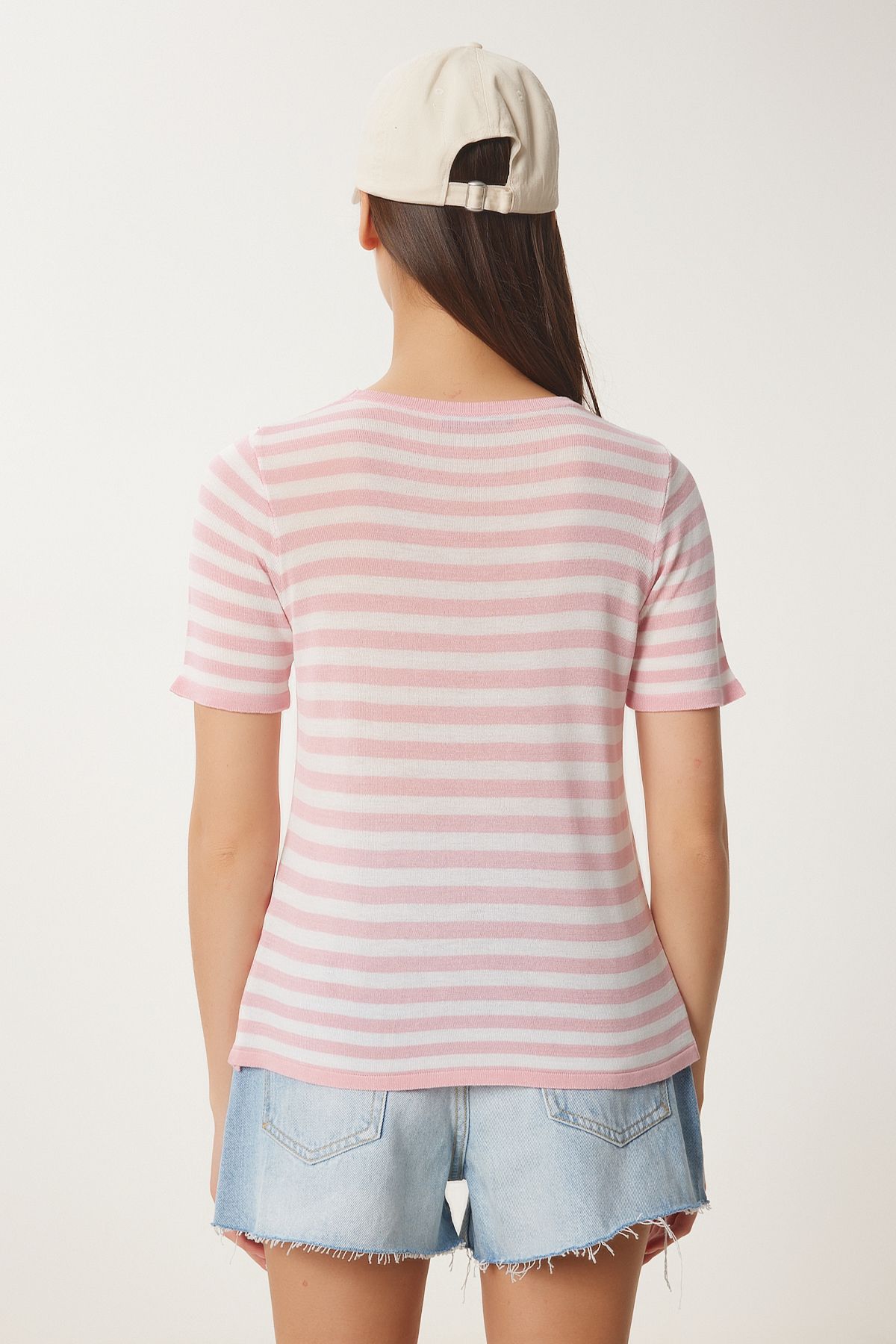 Pembe Beyaz Çizgili Mevsimlik Triko Bluz YY00233