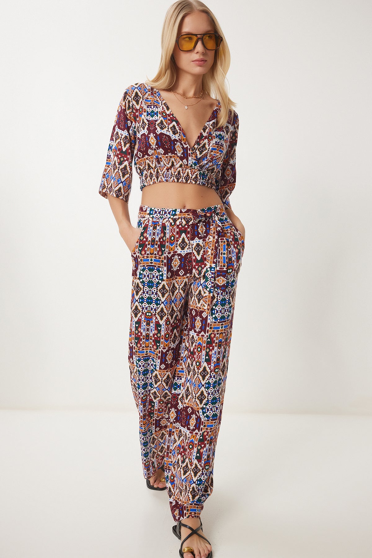 Bordo Oranj Desenli Crop Bluz Pantolon Takım ZV00270