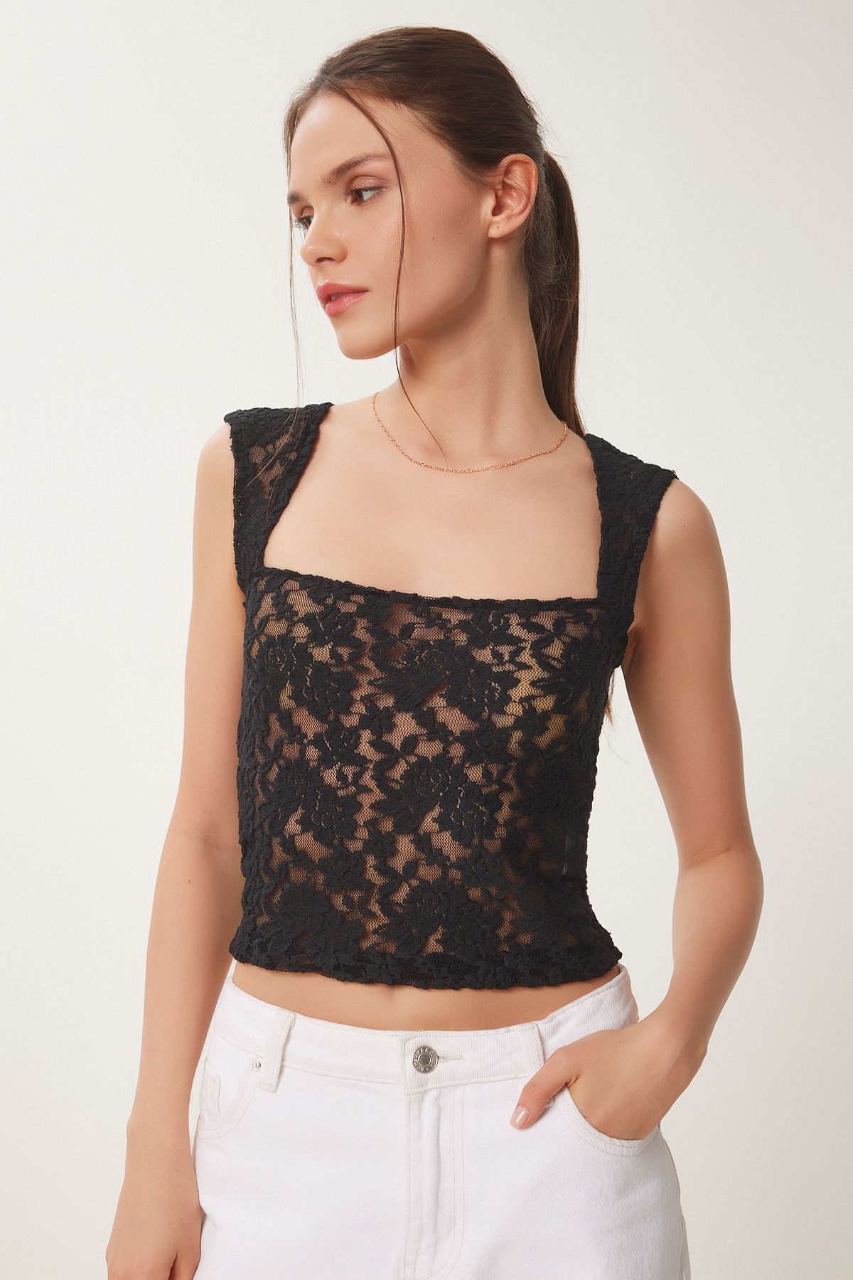 Siyah Dantelli Esnek Crop Bluz KH00095